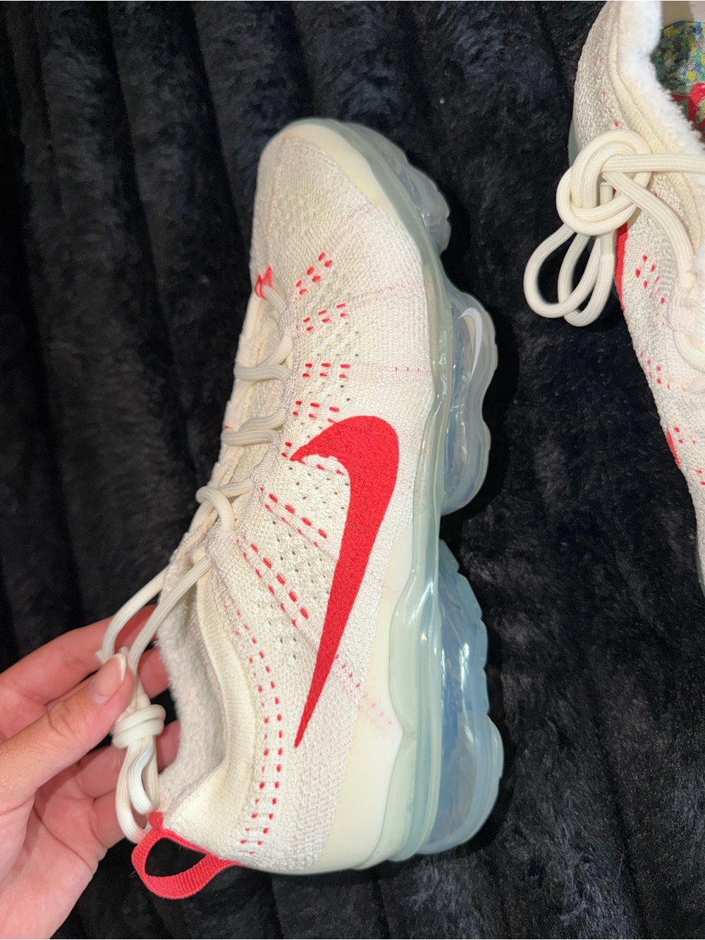 Nike Women’s VaporMax Flyknit Sneakers - White with Red Swoosh